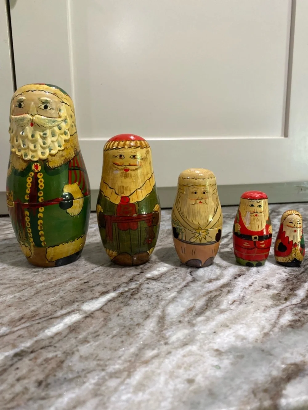 Vintage Hand-Painted Russian Santa Nesting Dolls Set - Green and Red